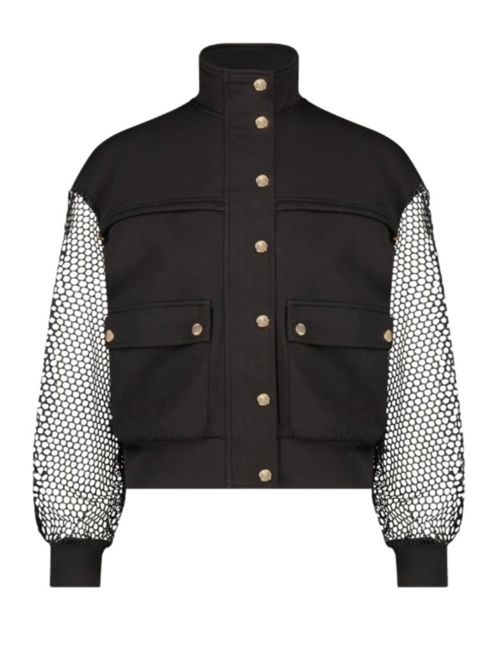 NWT ALEEZA PARIS Ash Mesh Sleeve Bomber Black Cotton Blend Size M